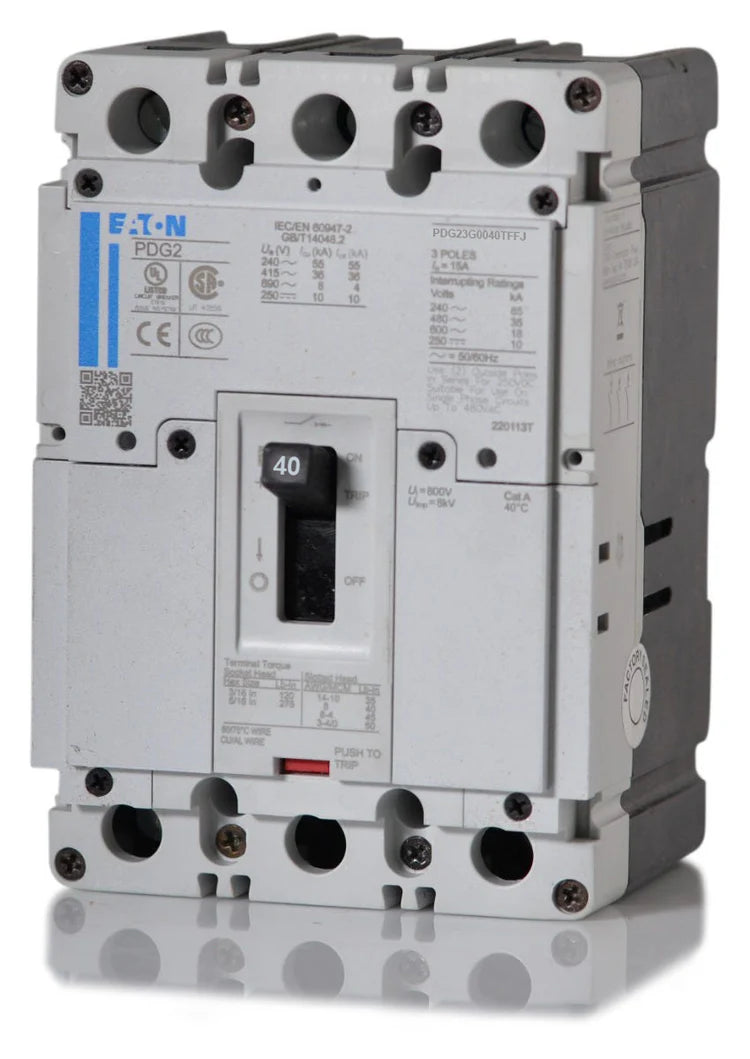Pdg23G0040Tffj Eaton Molded Case Circuit Breaker Feed Thru 40 Amp 3 Pole 600 Volt - Front View