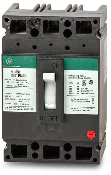 Ge Thed136020Wl 3 Pole Non Interchangeable Trip Thermal Magnetic Circuit Breakers - Front View