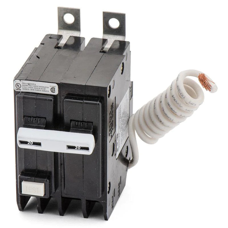 Qbgft2020 Eaton Cutler Hammer 20 Amp Double Pole Ground Fault Bolt On Circuit Breaker - Front View