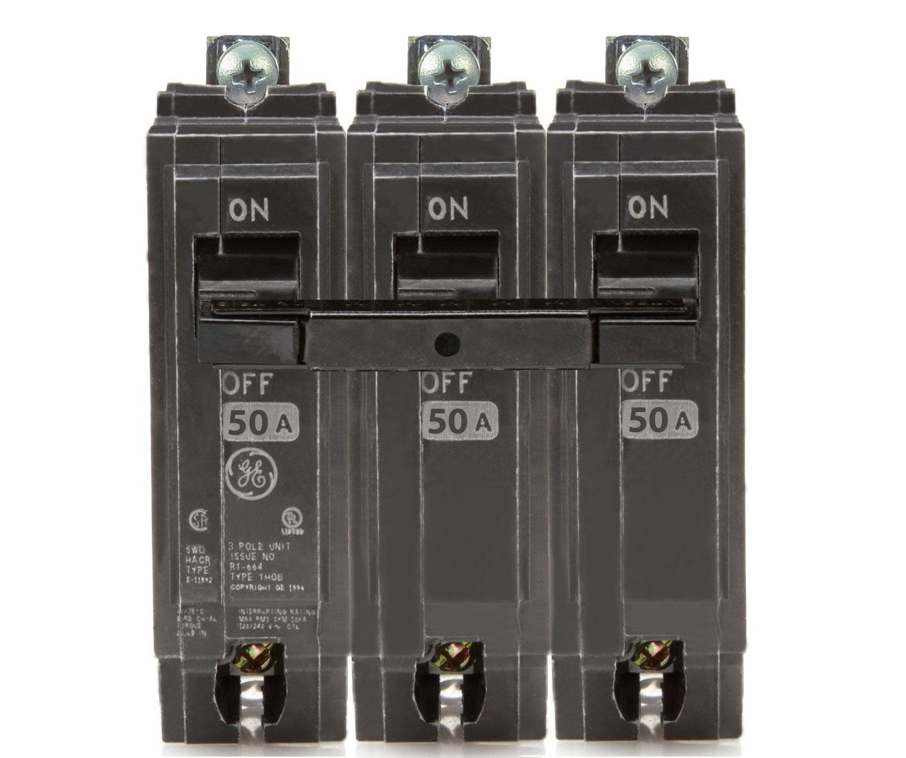 Thqb32050 Ge 50 Amp 3 Pole Bolt On Circuit Breaker - Front View