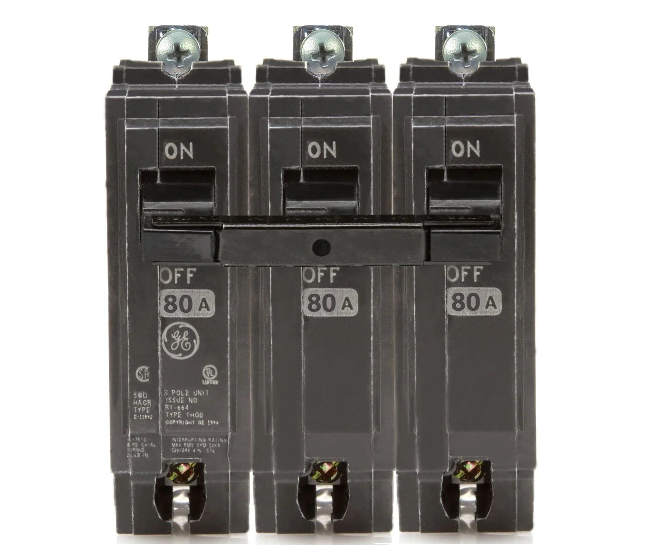 Thqb32080 Ge 80 Amp 3 Pole Bolt On Circuit Breaker - Front View