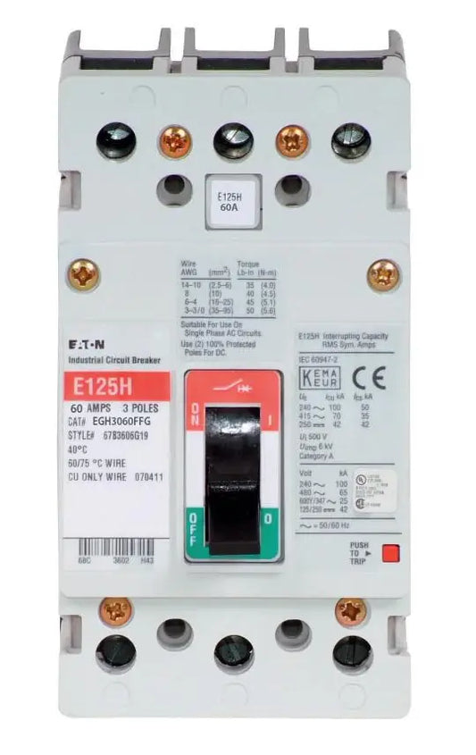 EGH3060FFG - Eaton - Molded Case Circuit Breaker Feed-Thru - 60 Amp - 3 Pole - 600 Volt