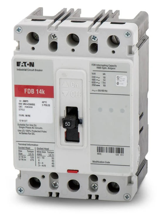 Fdb3050L Eaton Molded Case Circuit Breaker Bolt On 50 Amp 3 Pole 600 Volt - Front View