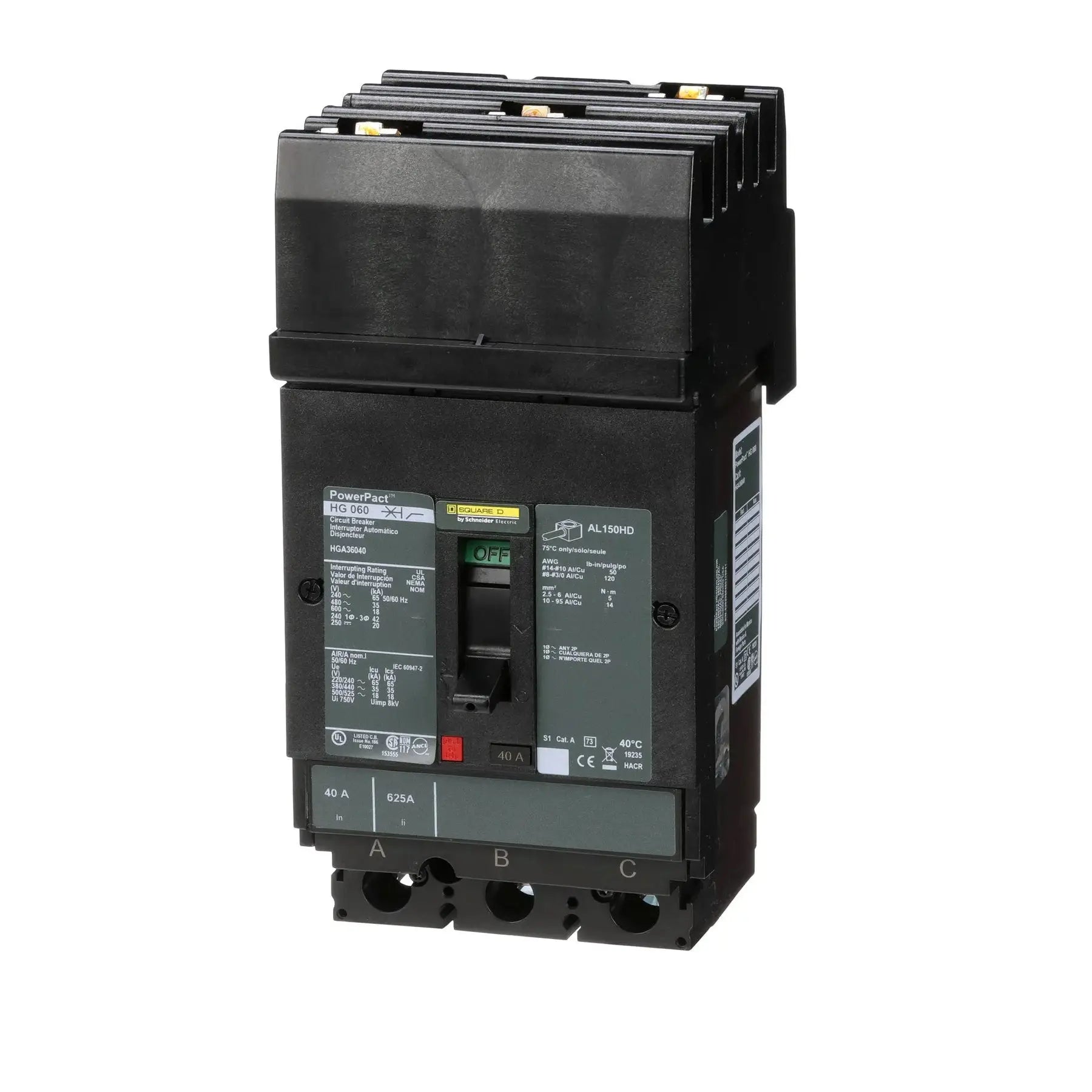 HGA36040 - Square D - Molded Case Circuit Breaker I-Line Plug-In - 40 Amp - 3 Pole - 600 Volt
