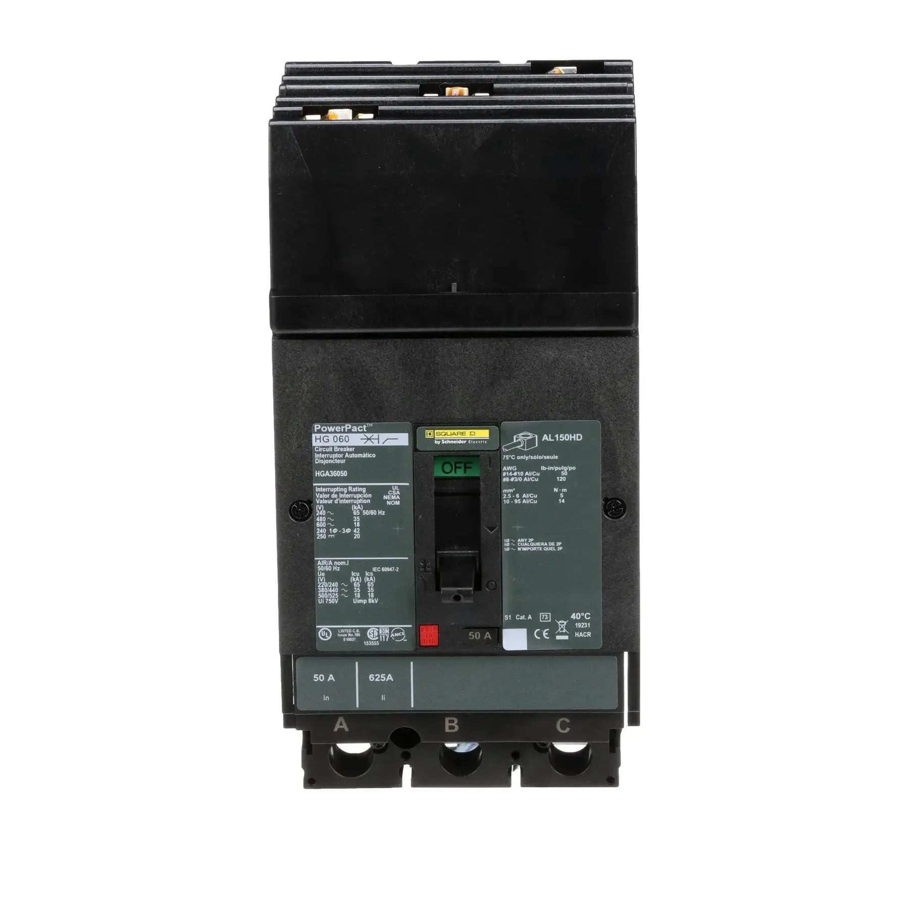 HGA36050 - Square D - Molded Case Circuit Breaker I-Line Plug-In - 50 Amp - 3 Pole - 600 Volt