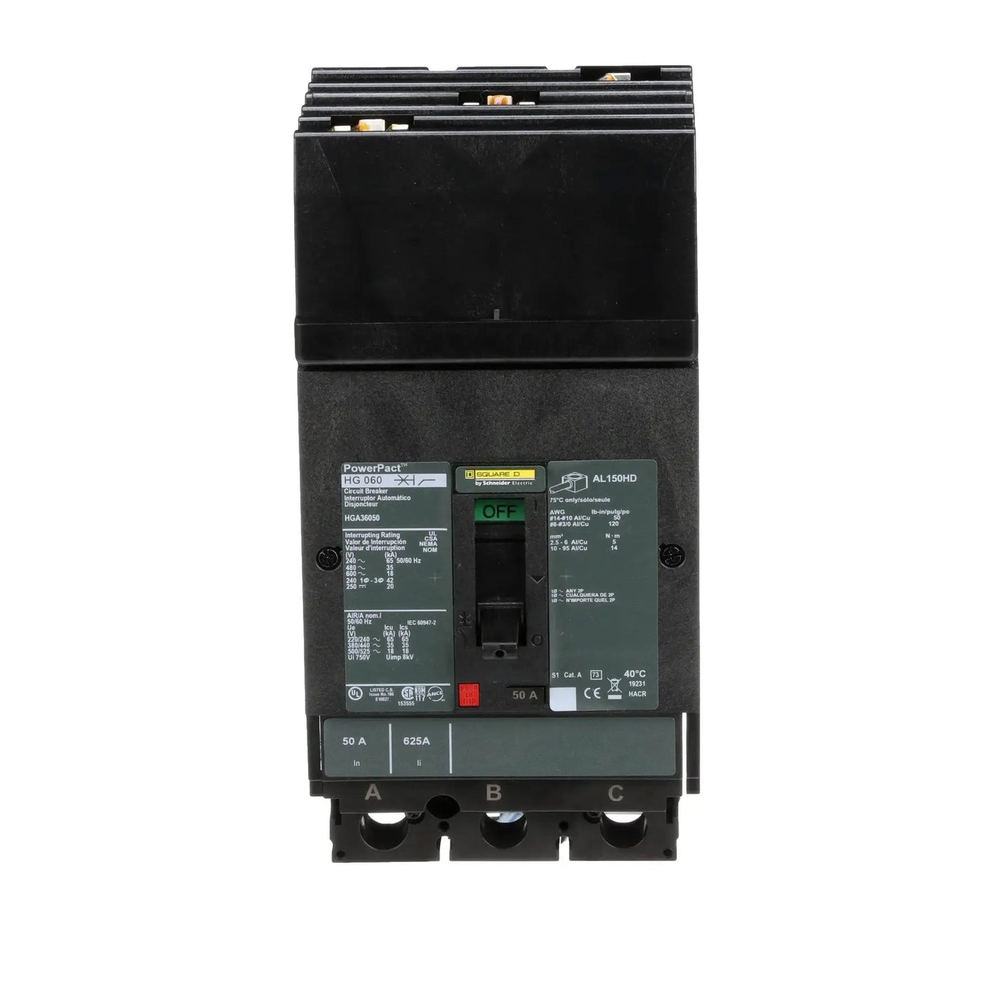 HGA36050 - Square D - Molded Case Circuit Breaker I-Line Plug-In - 50 Amp - 3 Pole - 600 Volt
