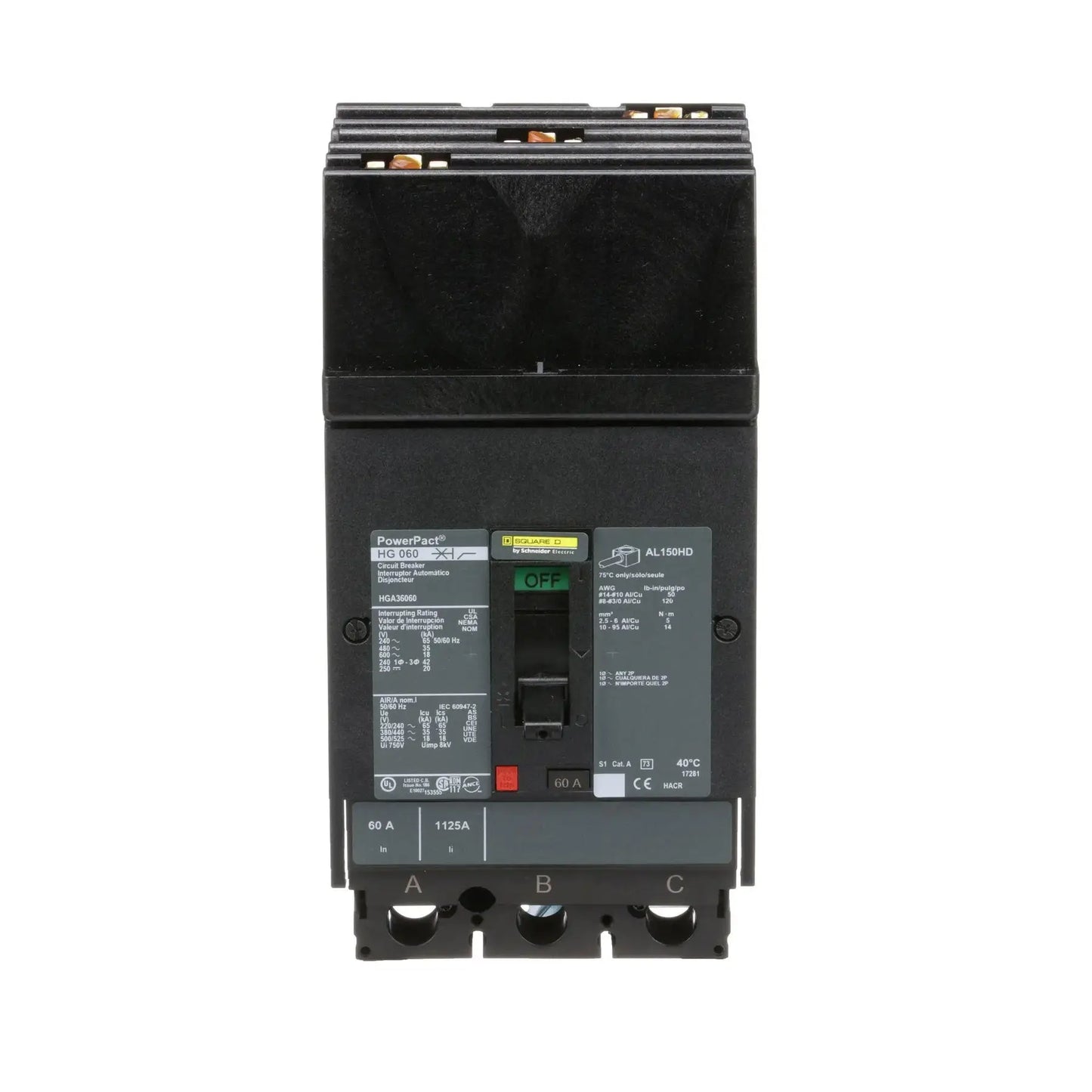 HGA36060 - Square D - Molded Case Circuit Breaker I-Line Plug-In - 60 Amp - 3 Pole - 600 Volt