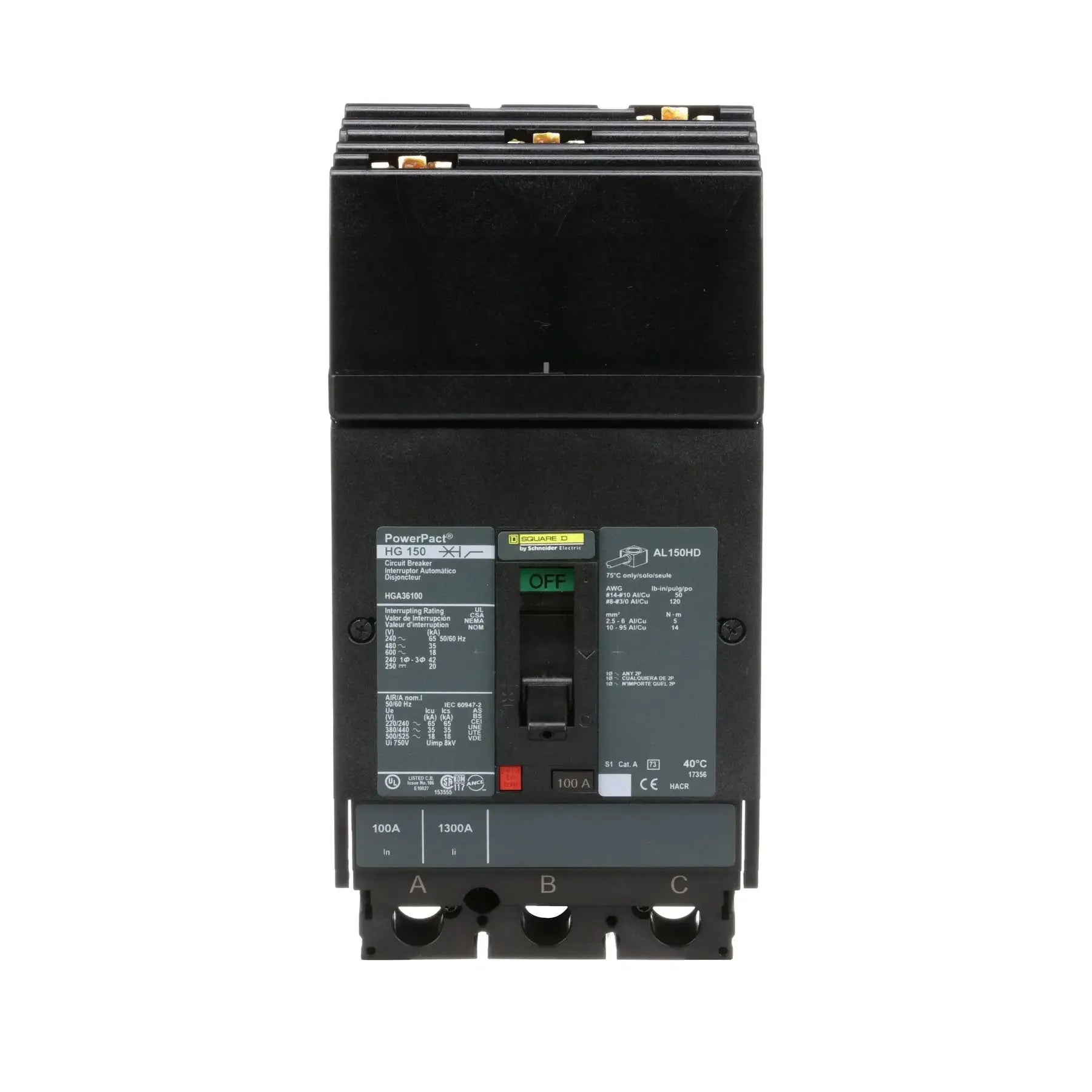 HGA36100 - Square D - Molded Case Circuit Breaker I-Line Plug-In - 100 Amp - 3 Pole - 600 Volt