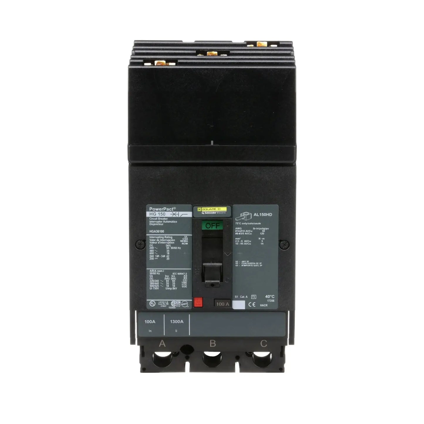 HGA36100 - Square D - Molded Case Circuit Breaker I-Line Plug-In - 100 Amp - 3 Pole - 600 Volt