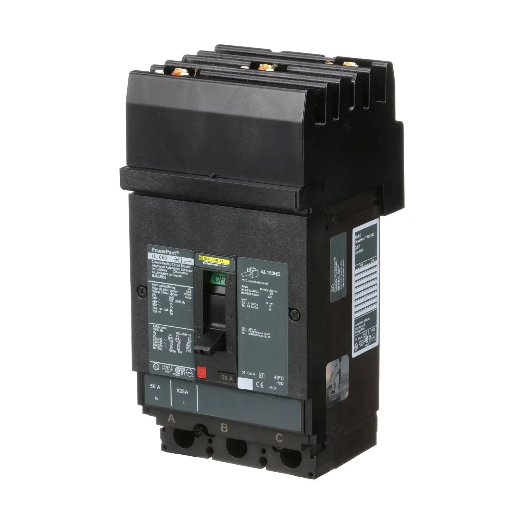 HJA36050 - Square D - Molded Case Circuit Breaker I-Line Plug-In - 50 Amp - 3 Pole - 600 Volt