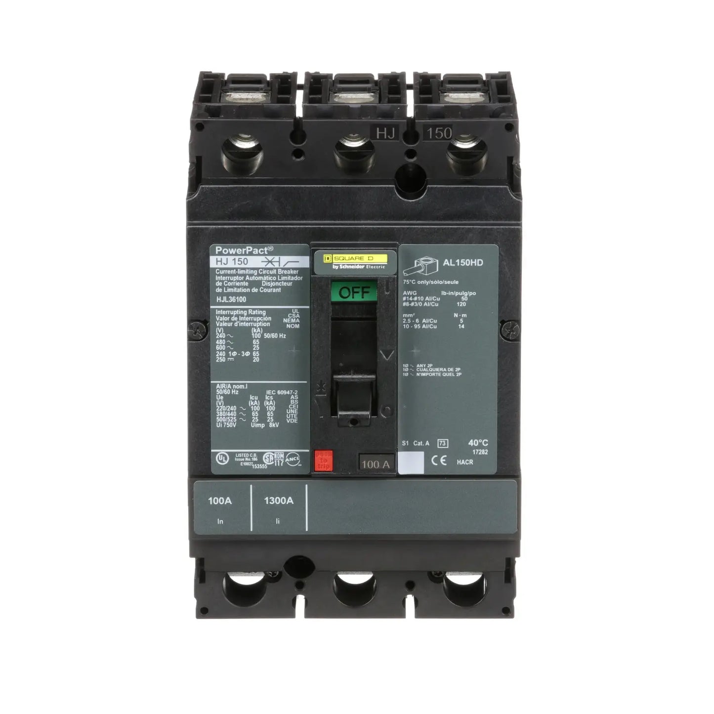 HJL36100 - Square D - Molded Case Circuit Breaker Feed-Thru - 100 Amp - 3 Pole - 600 Volt