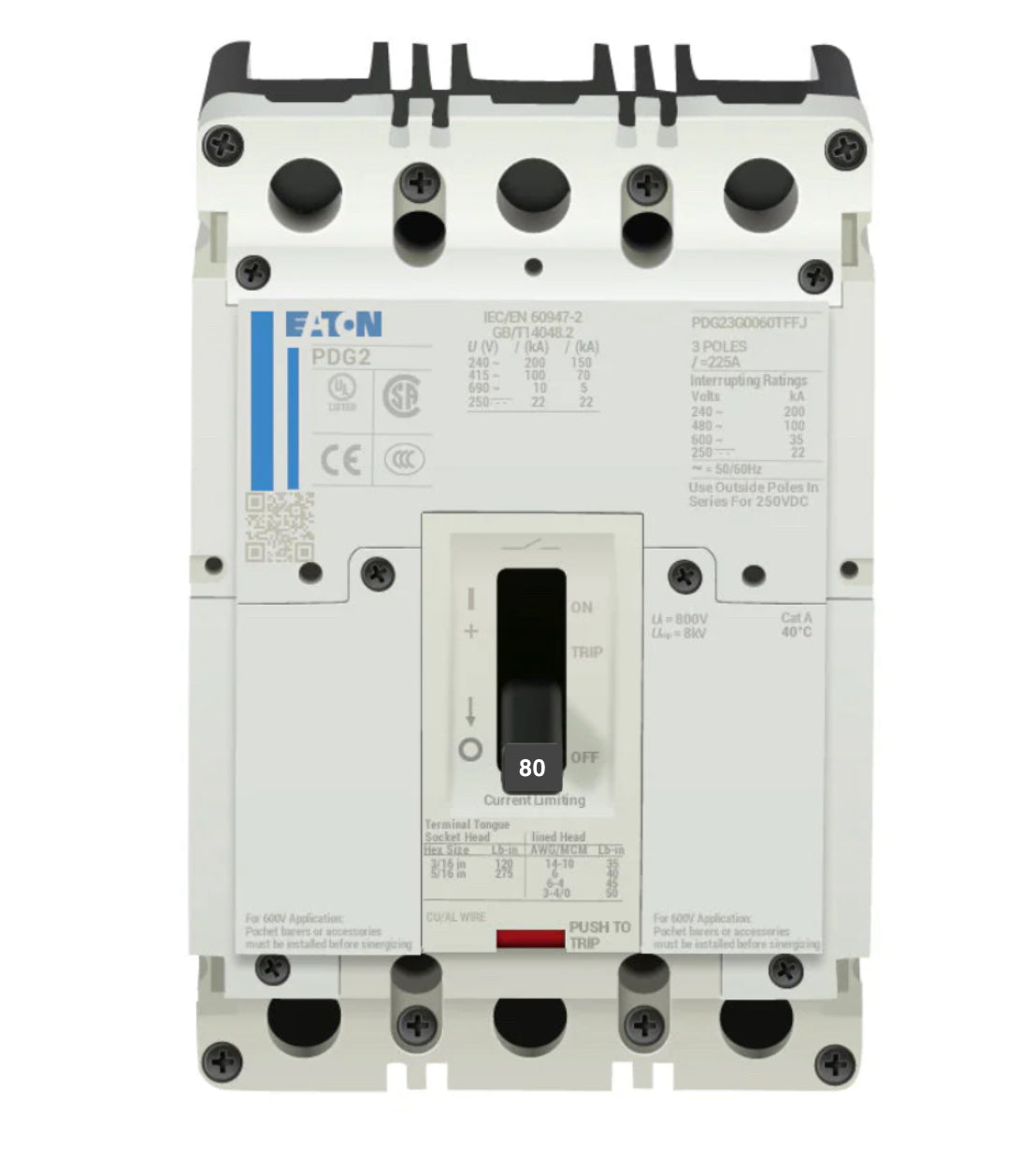 Pdg23G0080Tffj Eaton Molded Case Circuit Breaker Feed Thru 80 Amp 3 Pole 600 Volt - Front View