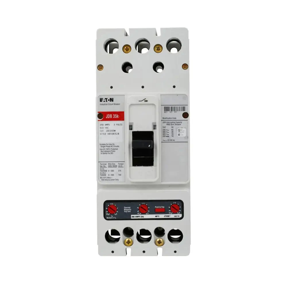 JDB3200 - Eaton - Molded Case Circuit Breakers Feed-Thru - 200 Amp - 3 Pole - 600 Volt