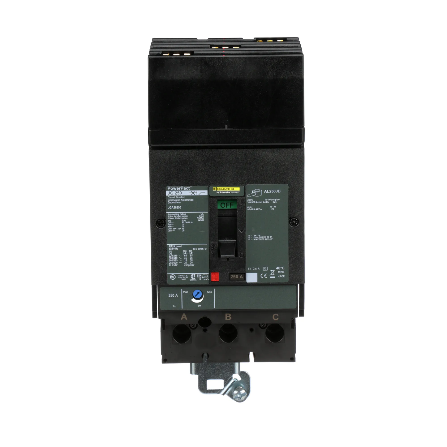 Square D Jga36250 3 Pole Non Interchangeable Trip Thermal Magnetic Circuit Breakers - Front View