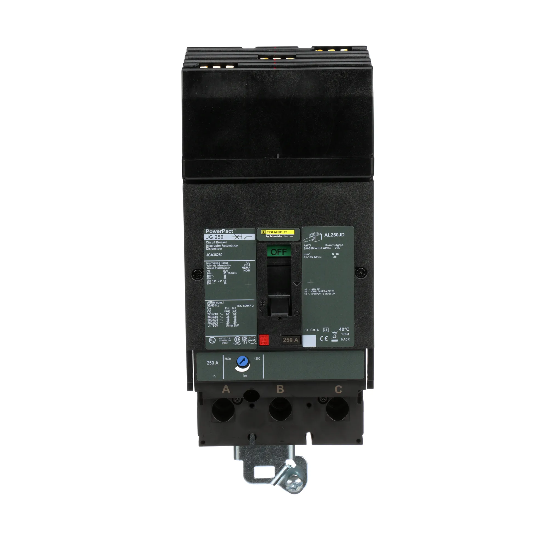 Square D Jga36250 3 Pole Non Interchangeable Trip Thermal Magnetic Circuit Breakers - Front View