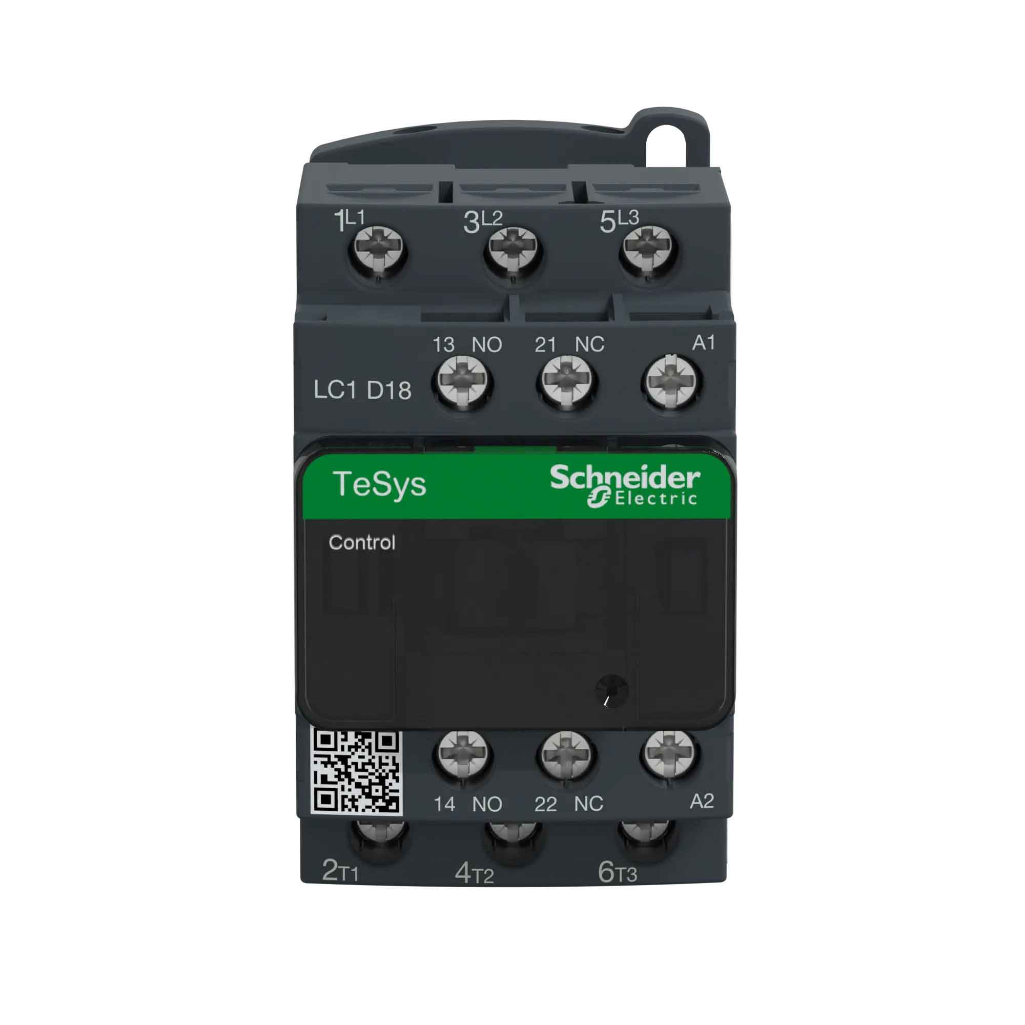 LC1D18T7 - IEC contactor, TeSys Deca, nonreversing, 18A, 10HP at 480VAC, up to 100kA SCCR, 3 phase, 3 NO, 480VAC 50/60Hz coil, open