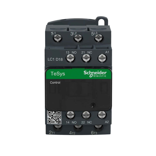 LC1D18T7 - IEC contactor, TeSys Deca, nonreversing, 18A, 10HP at 480VAC, up to 100kA SCCR, 3 phase, 3 NO, 480VAC 50/60Hz coil, open