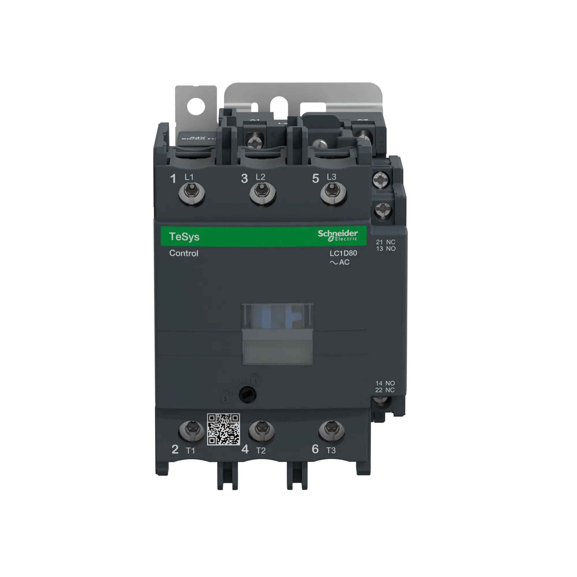 LC1D80B7 - Contactor, TeSys Deca, 3P(3NO), AC-3/AC-3e, 440V, 80A, 24V AC 50/60Hz coil, screw clamp terminals