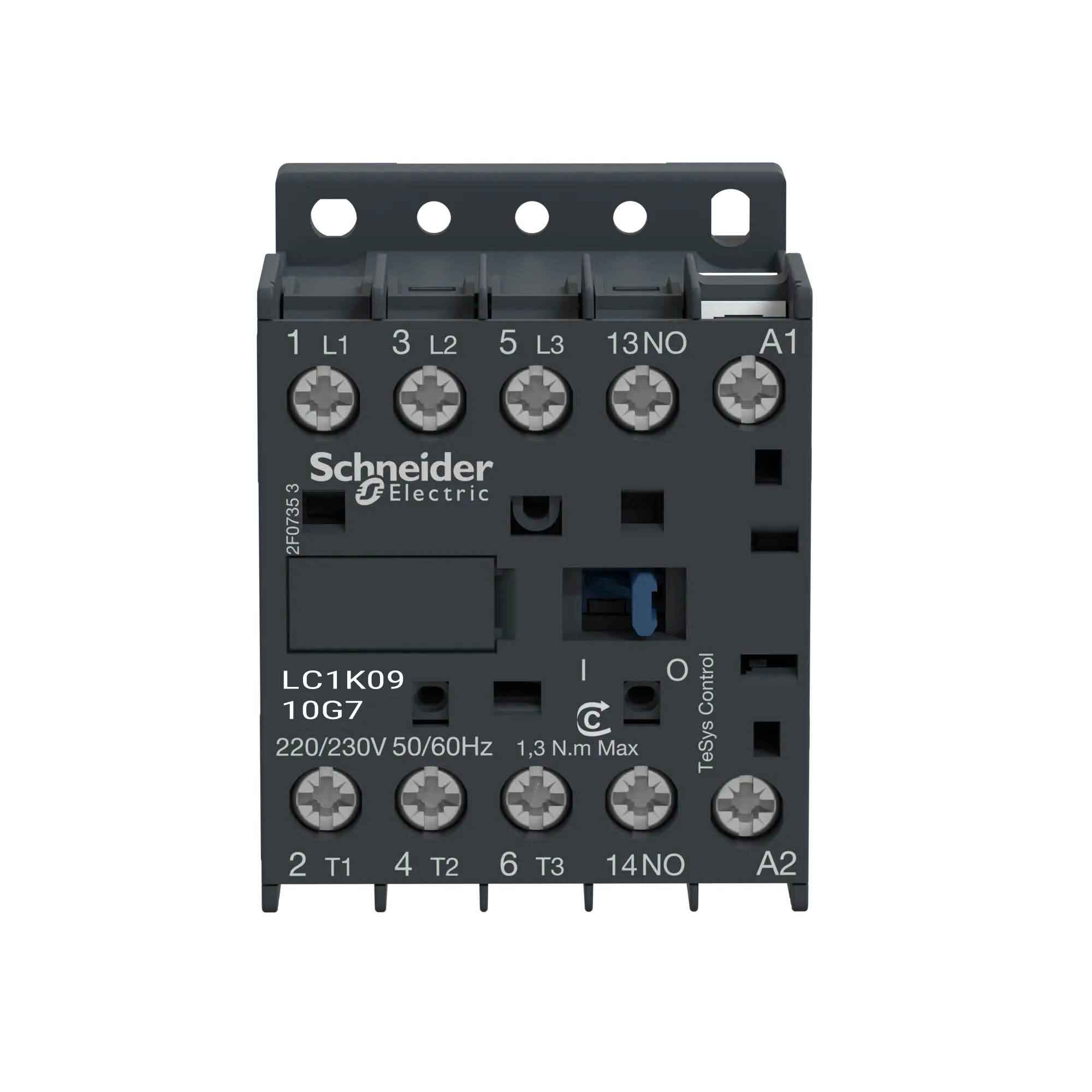 LC1K0910G7 - Contactor, IEC, TeSys K, 9A, 3 P, 5 HP at 480VAC, nonreversing, 1 NO auxilliary contact, 120VAC 50/60 Hz coil