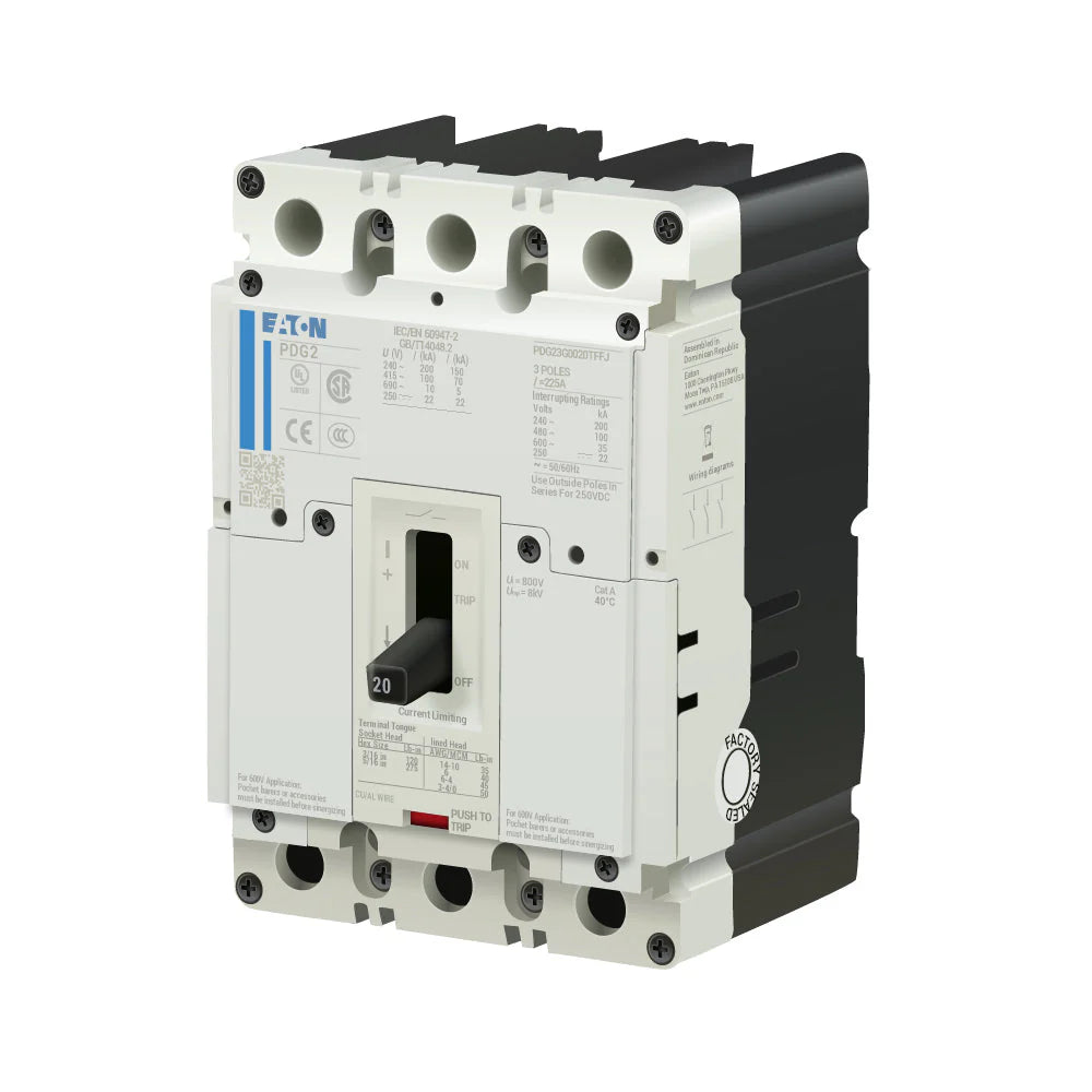 Pdg23G0020Tffl Eaton Molded Case Circuit Breakers Feed Thru 20 Amp 3 Pole 600 Volt - Detail View