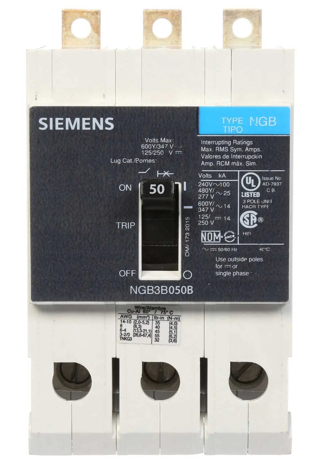 NGB3B050B - Siemens - Molded Case Circuit Breaker Bolt On - 50 Amp - 3 Pole - 600 Volt