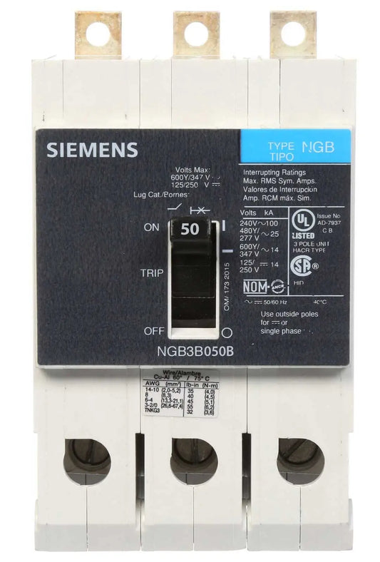 NGB3B050B - Siemens - Molded Case Circuit Breaker Bolt On - 50 Amp - 3 Pole - 600 Volt