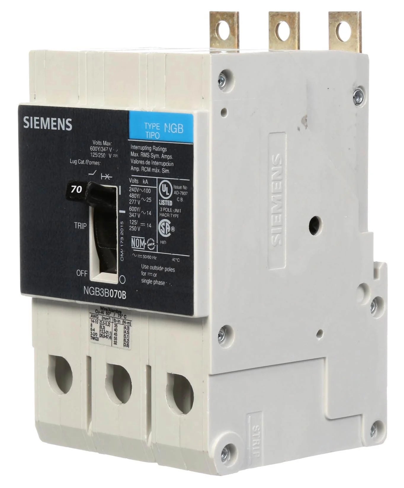 Siemens Ngb3B070B 3 Pole Standard Trip Bolt On Circuit Breakers - Side View