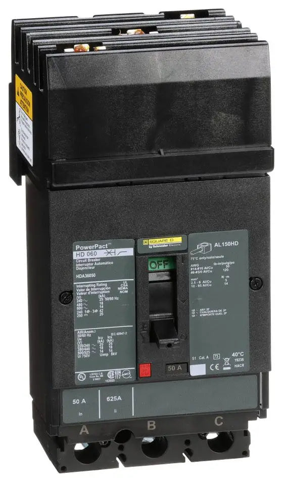 HDA36050 - Square D / Schneider Electric 50A 3-Pole 600V I-Line Circuit Breaker