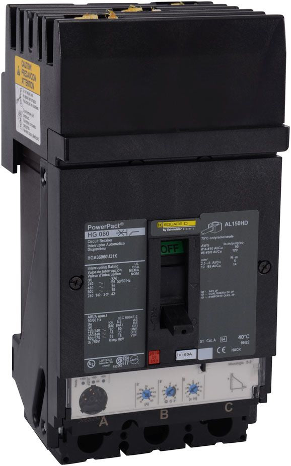 Square D Hga36060U31X 3 Pole Non Interchangeable Trip Thermal Magnetic Circuit Breakers - Front View