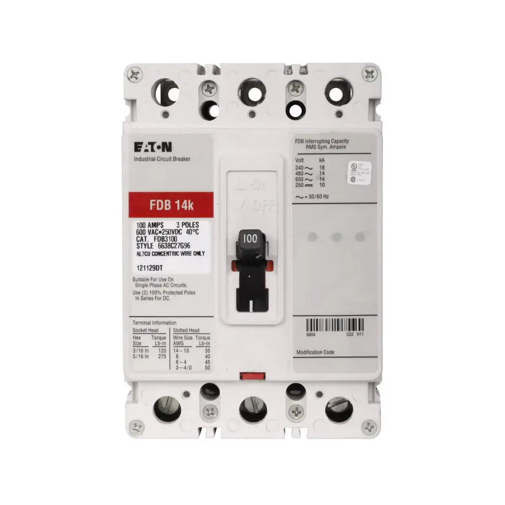 FDB3100 - Eaton - Molded Case Circuit Breaker Feed-Thru - 100 Amp - 3 Pole - 600 Volt