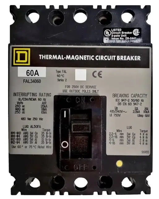 Square D FAL34 Series 3-Pole 480V Feed-Thru Circuit Breaker