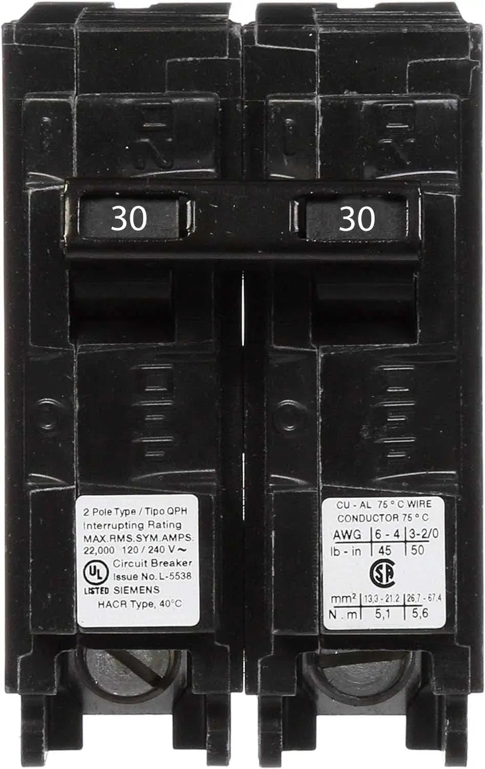 Q230H - Siemens - 30 Amp 22kA Circuit Breaker Plug-In - 30 Amp - 2 Pole - 240 Volt