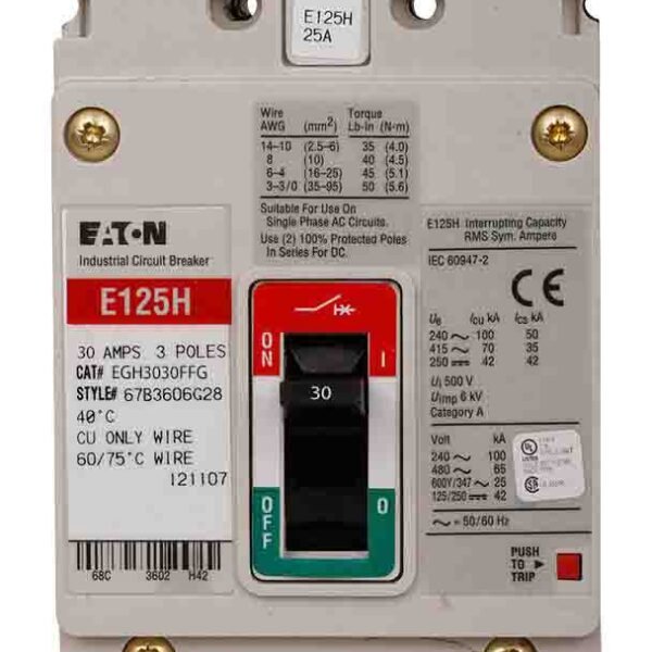 EGH3030FFG - Eaton - Molded Case Circuit Breaker Feed-Thru - 30 Amp - 3 Pole - 600 Volt