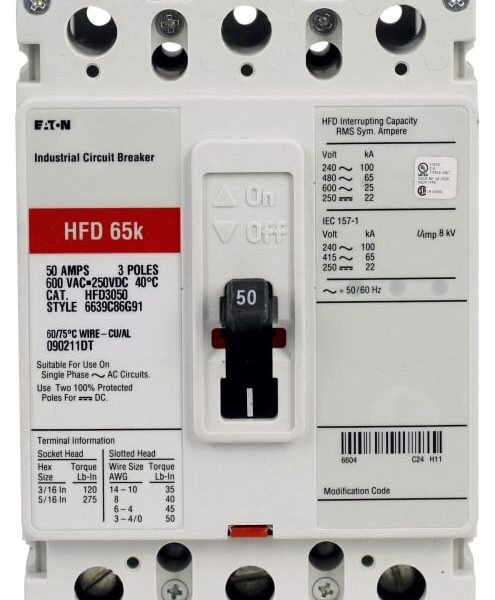 HFD3020L - Eaton - Molded Case Circuit Breaker Feed Thru - 20 Amp - 3 Pole - 600 Volt