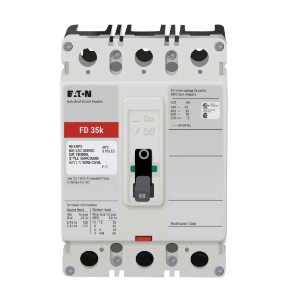 FD3090L - Eaton - Molded Case Circuit Breaker Feed-Thru - 90 Amp - 3 Pole - 600 Volt